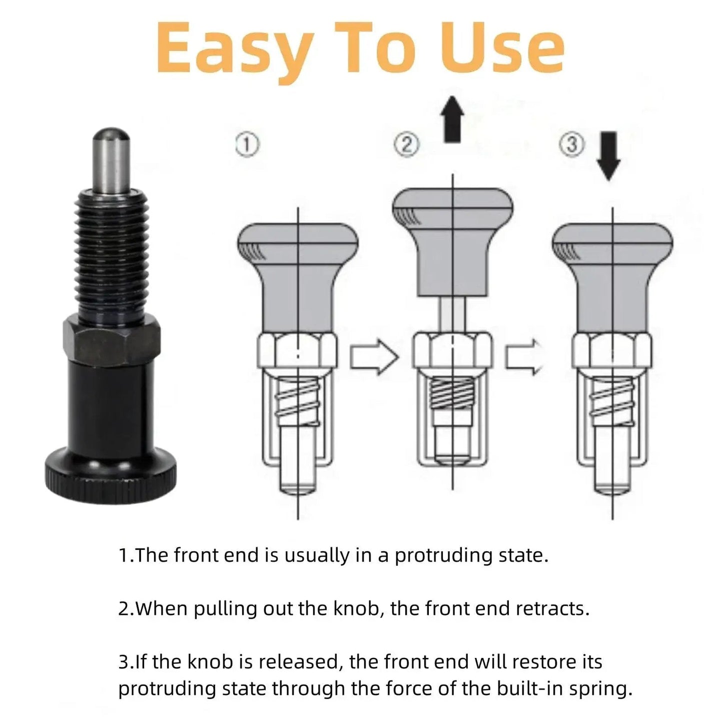 Diagram of M12 Retractable Spring Knob Plunger Ball Pin, non lock out, with usage steps, stainless steel, rust resistant, heavy duty.