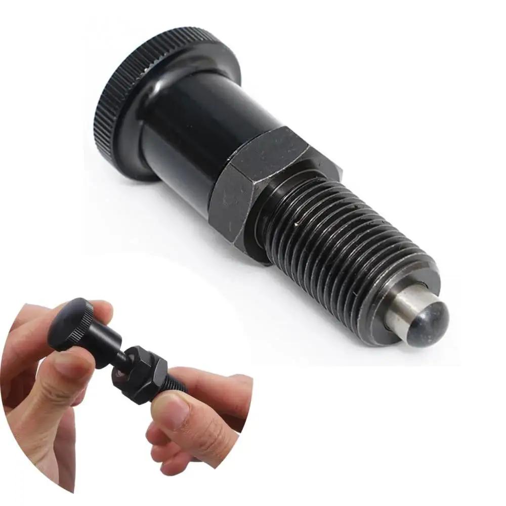 M12 Retractable Spring Knob Plunger Ball Pin, stainless steel, shown in close-up and in-hand use, heavy duty industrial component.