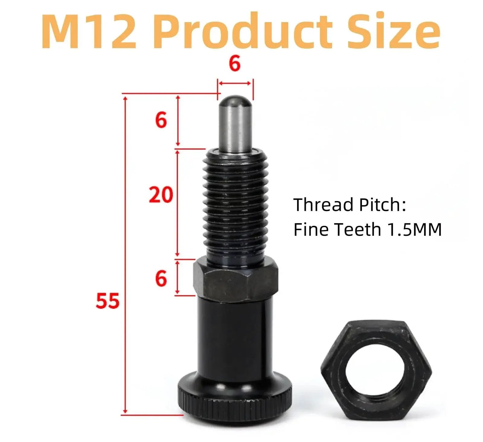 M12 Retractable Spring Knob Plunger Ball Pin with dimensions and thread pitch, stainless steel, rust resistant, heavy duty for industrial use.