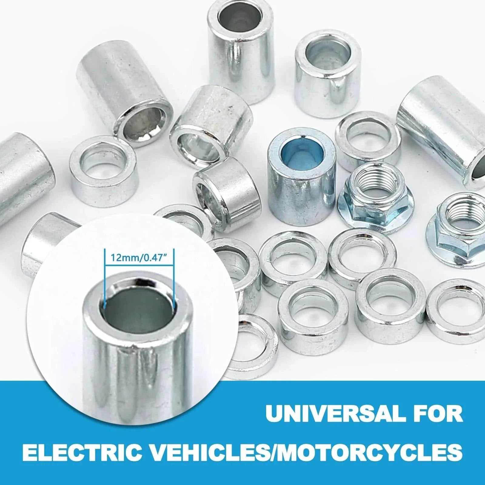 22 Pieces M12 Industrial Steel Spacer Sleeve Bushings Kit For 12mm Axle With 12 Lengths 5mm 8mm 10mm 12mm 15mm 18mm 20mm 22mm 25mm 28mm 30mm 32mm 38mm And M12 Lock Nut Made From 316 Stainless Steel Rust Resistant Durable, shown for electric vehicles.