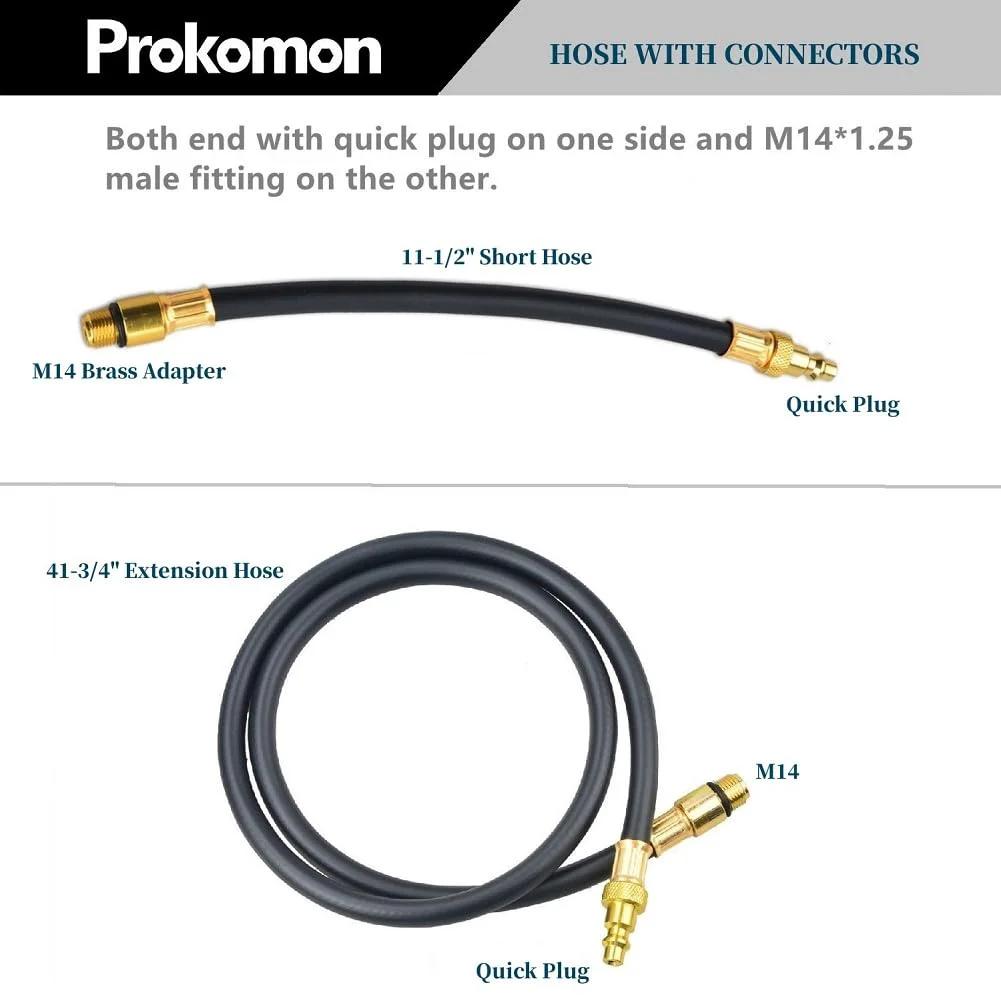 Prokomon hose with connectors, 11-1/2" short hose and 41-3/4" extension hose, M14 fittings, quick plugs for connecting.