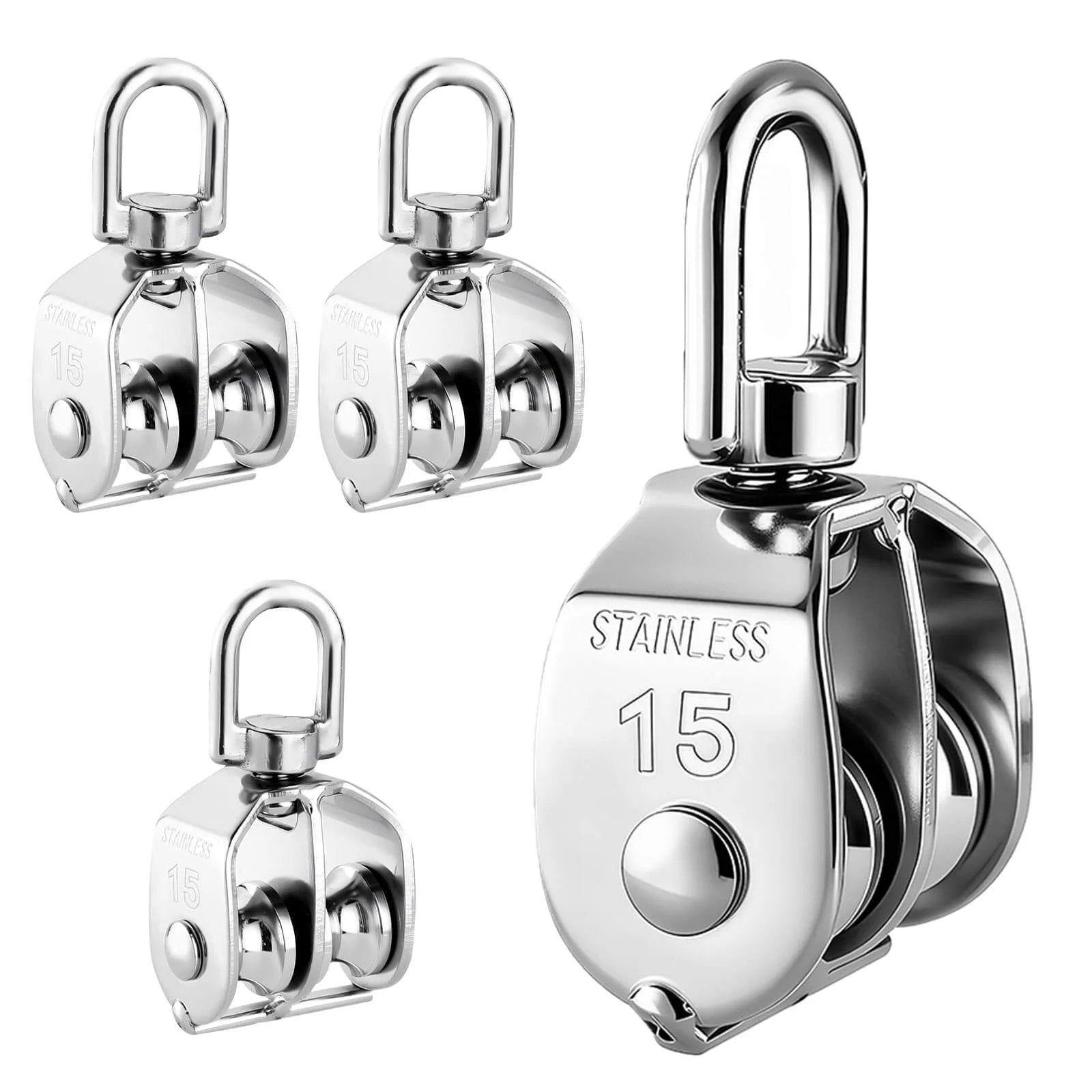 M15 Double Pulley Block - Pack of 4 Heavy Duty 304 Stainless Steel Double Wheel Pulleys for Lifting Rope