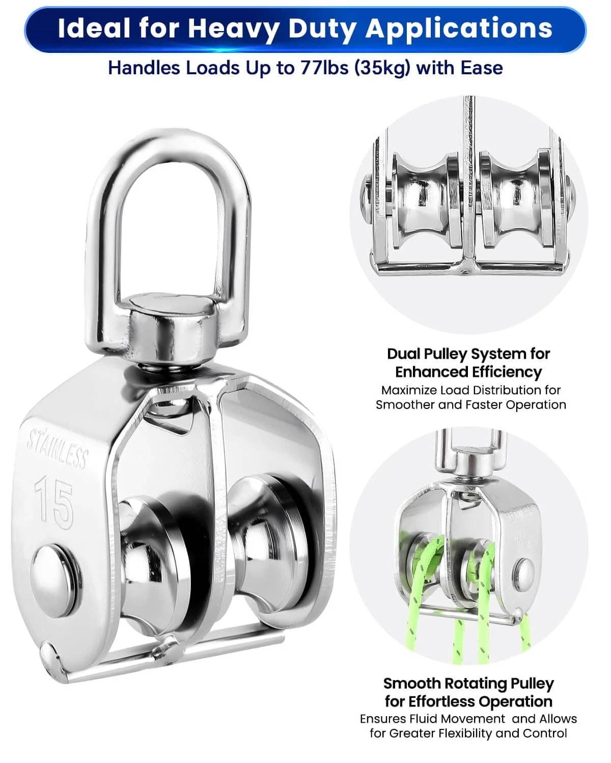 M15 Double Pulley Block - Pack of 4 Heavy Duty 304 Stainless Steel Double Wheel Pulleys for Lifting Rope, front and side view