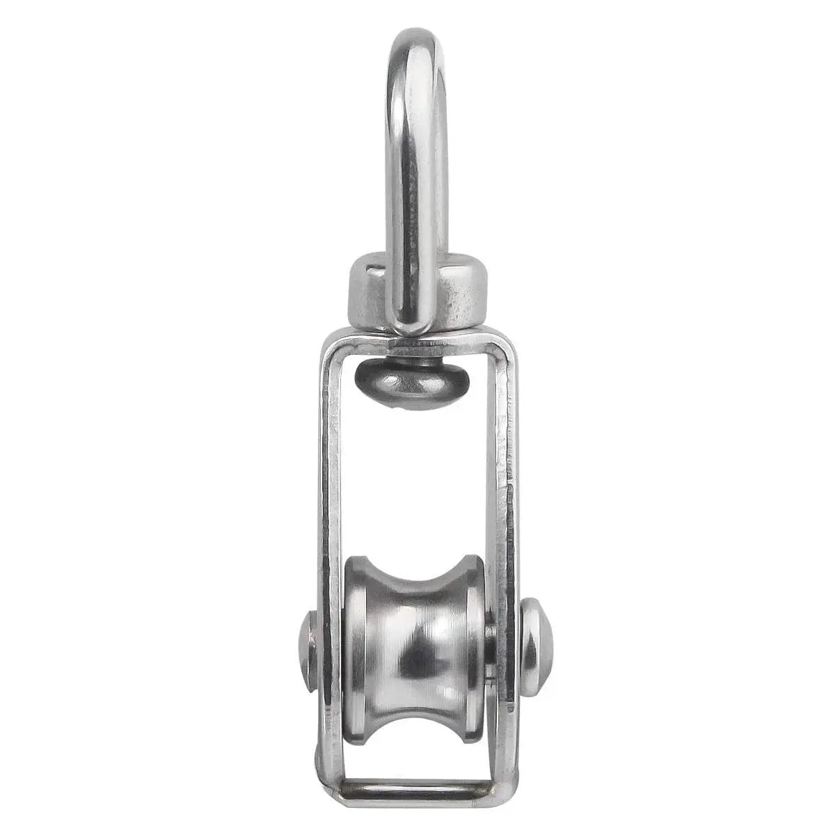 Front view of M15 Single Pulley Snatch Block With Swivel Hook For Lifting And Crane Hoisting, 304 Stainless Steel Corrosion Resistant