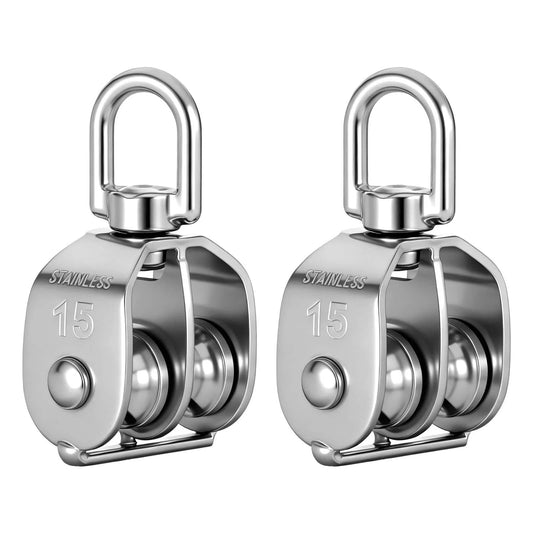 Front view of 2 Pack M15 Double Sheave Pulley Block, 304 Stainless Steel Lifting Crane Swivel Hook Wire Rope Hanging Wire Towing Wheel
