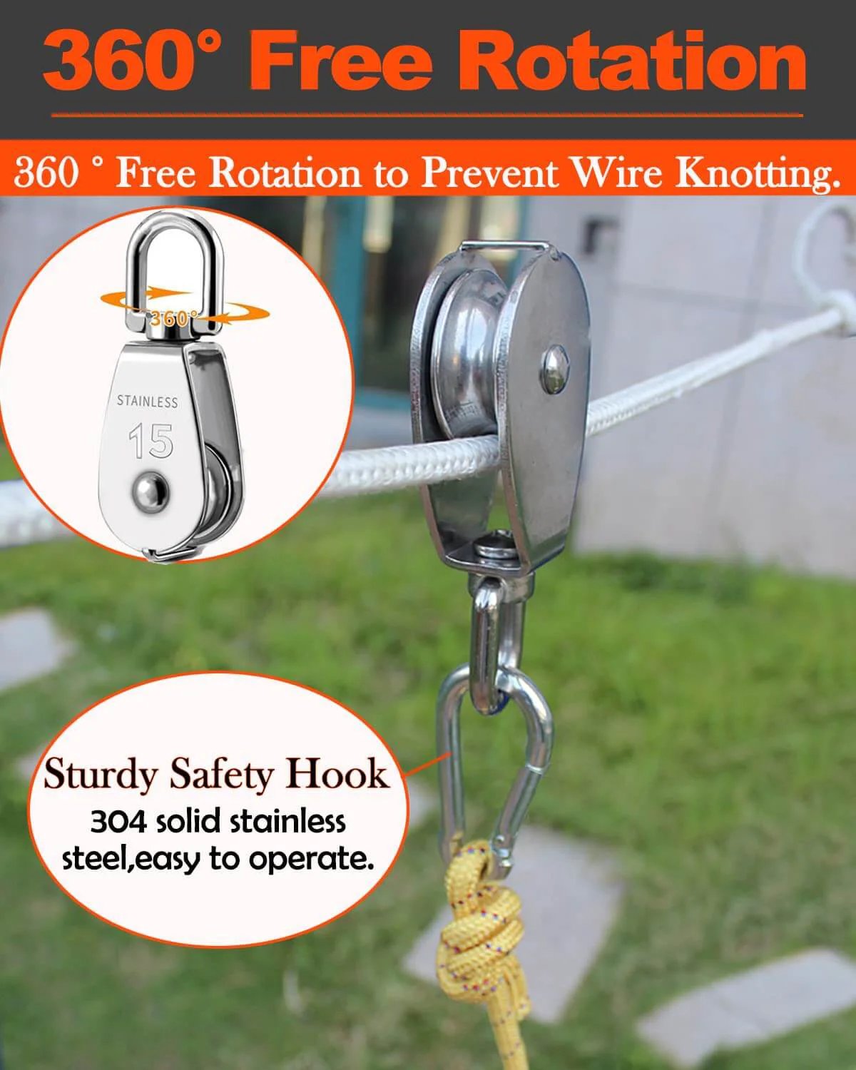5 Pcs M15 Single Pulley Block, 304 Stainless Steel Lifting Crane Pulley, Wire Rope Hanging Pulley Wheel, with 5 Pcs Spring Snap Hook