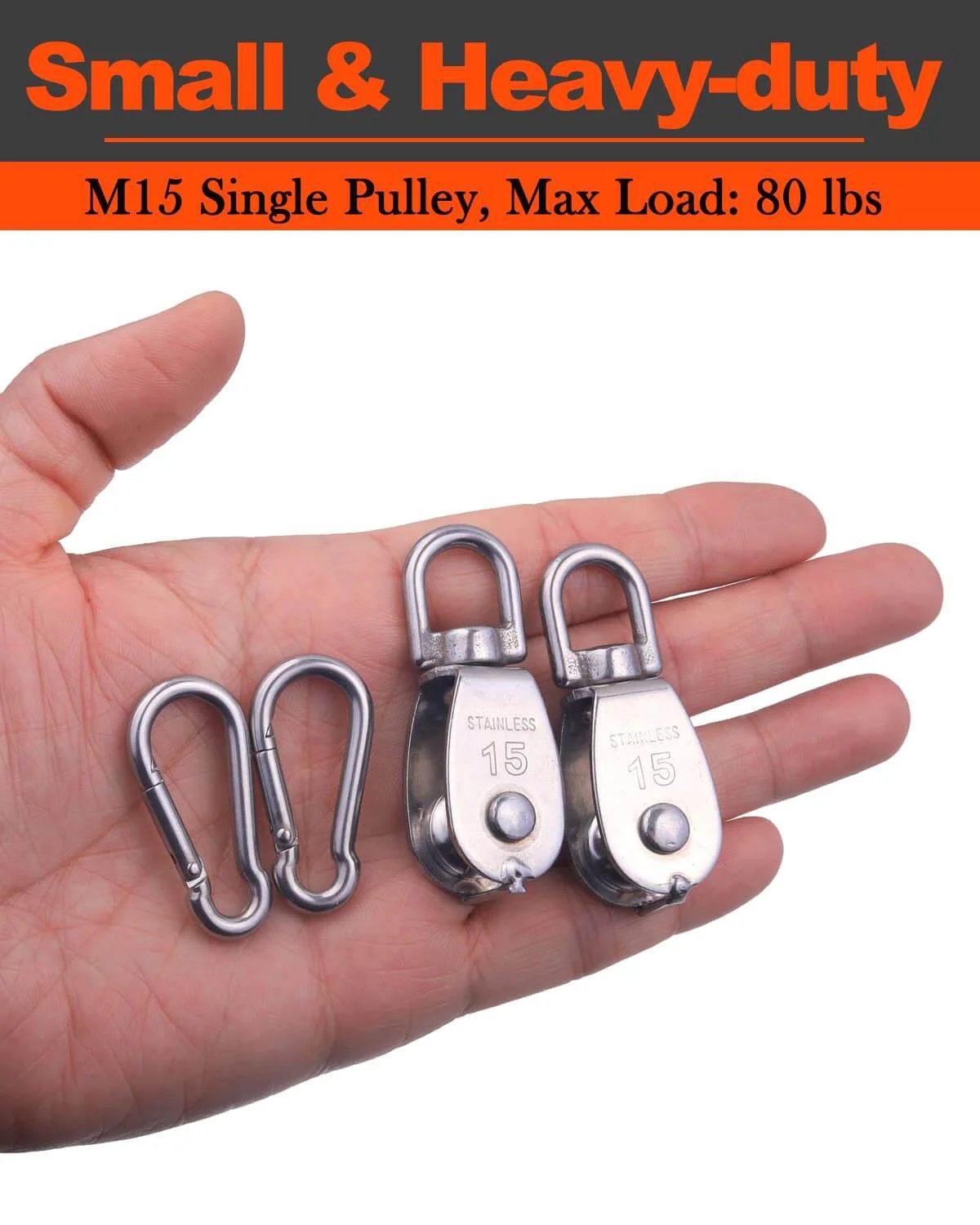 ✝️ 5 Pcs M15 Single Pulley Block, 304 Stainless Steel Lifting Crane Pulley, Wire Rope Hanging Pulley Wheel, with 5 Pcs Spring Snap Hook heavy duty stainless pulley