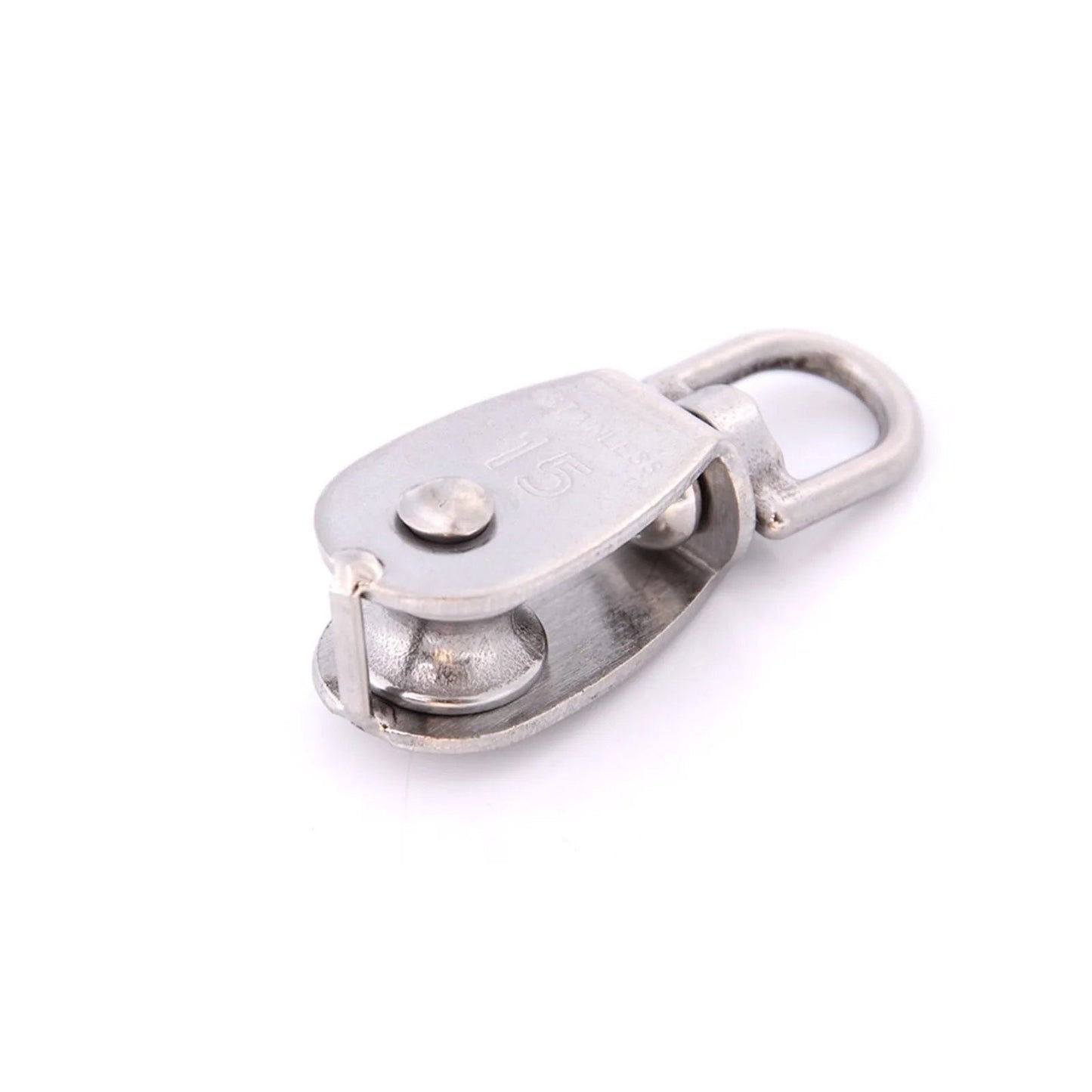 Side view of Stainless Steel M15 Wheel Swivel Pulley Block Heavy Duty Steel Single Wheel Swivel Lifting Rope Pulley for Wire Rope