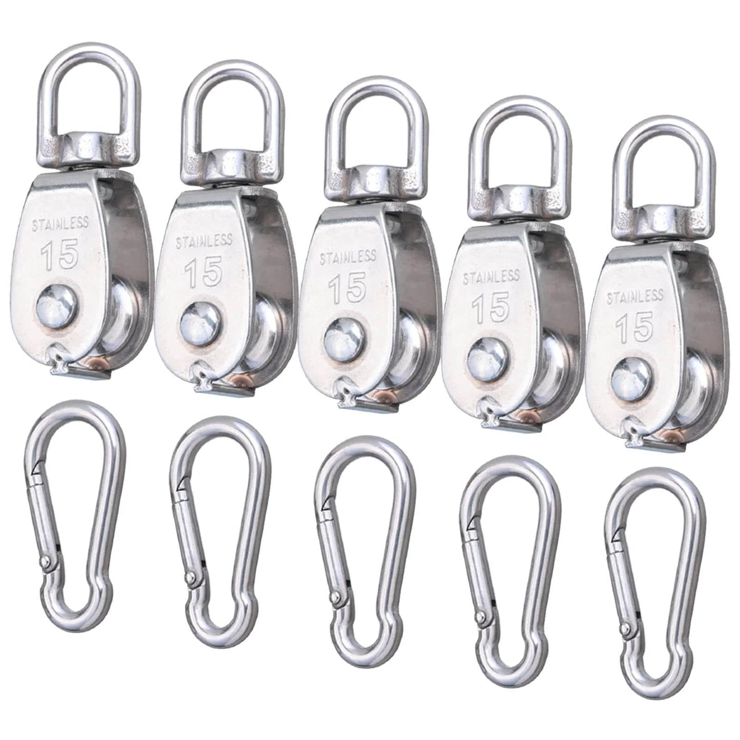 5 Pcs M15 Single Pulley Block, 304 Stainless Steel Lifting Crane Pulley, Wire Rope Hanging Pulley Wheel, with 5 Pcs Spring Snap Hook