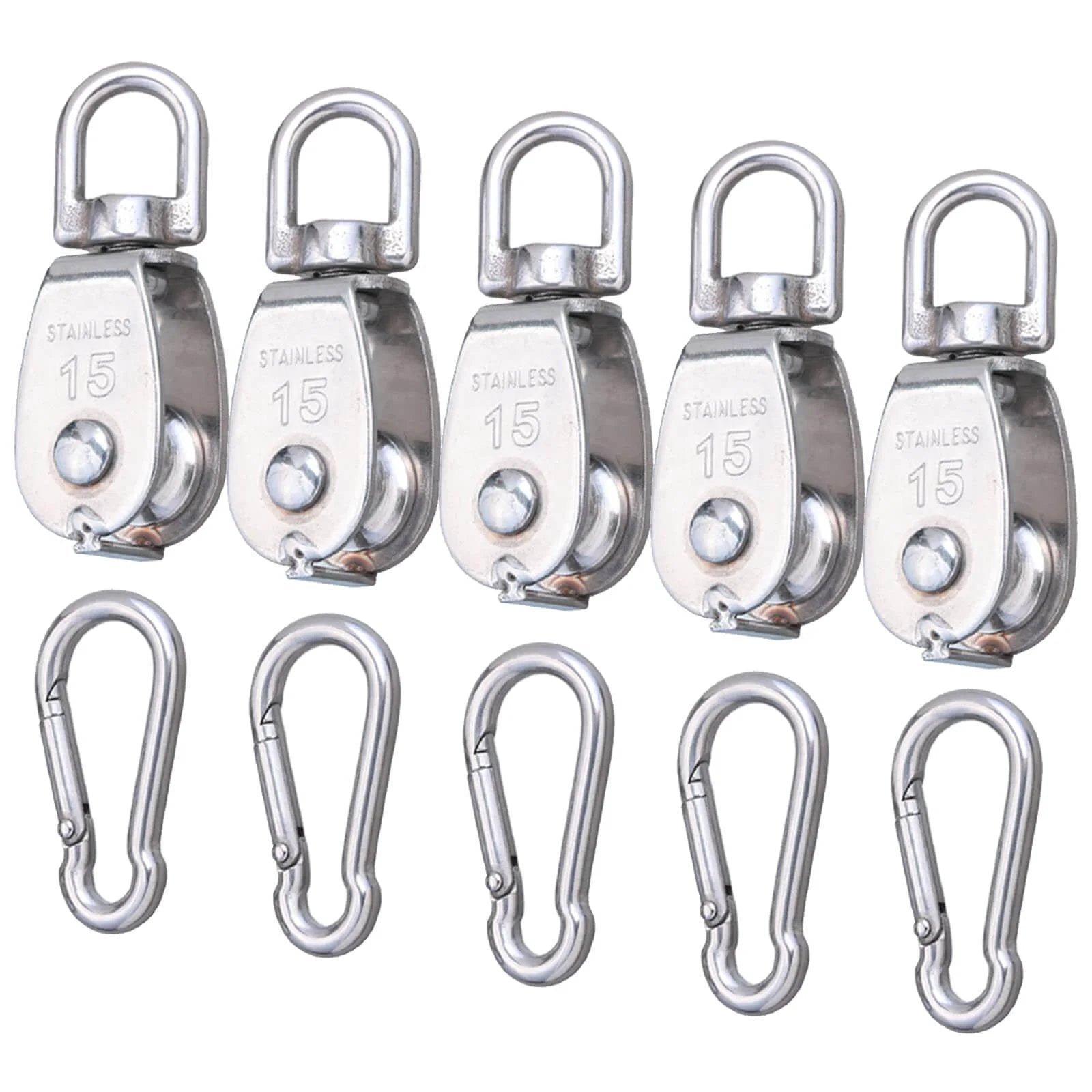 5 Pcs M15 Single Pulley Block, 304 Stainless Steel Lifting Crane Pulley, Wire Rope Hanging Pulley Wheel, with 5 Pcs Spring Snap Hook