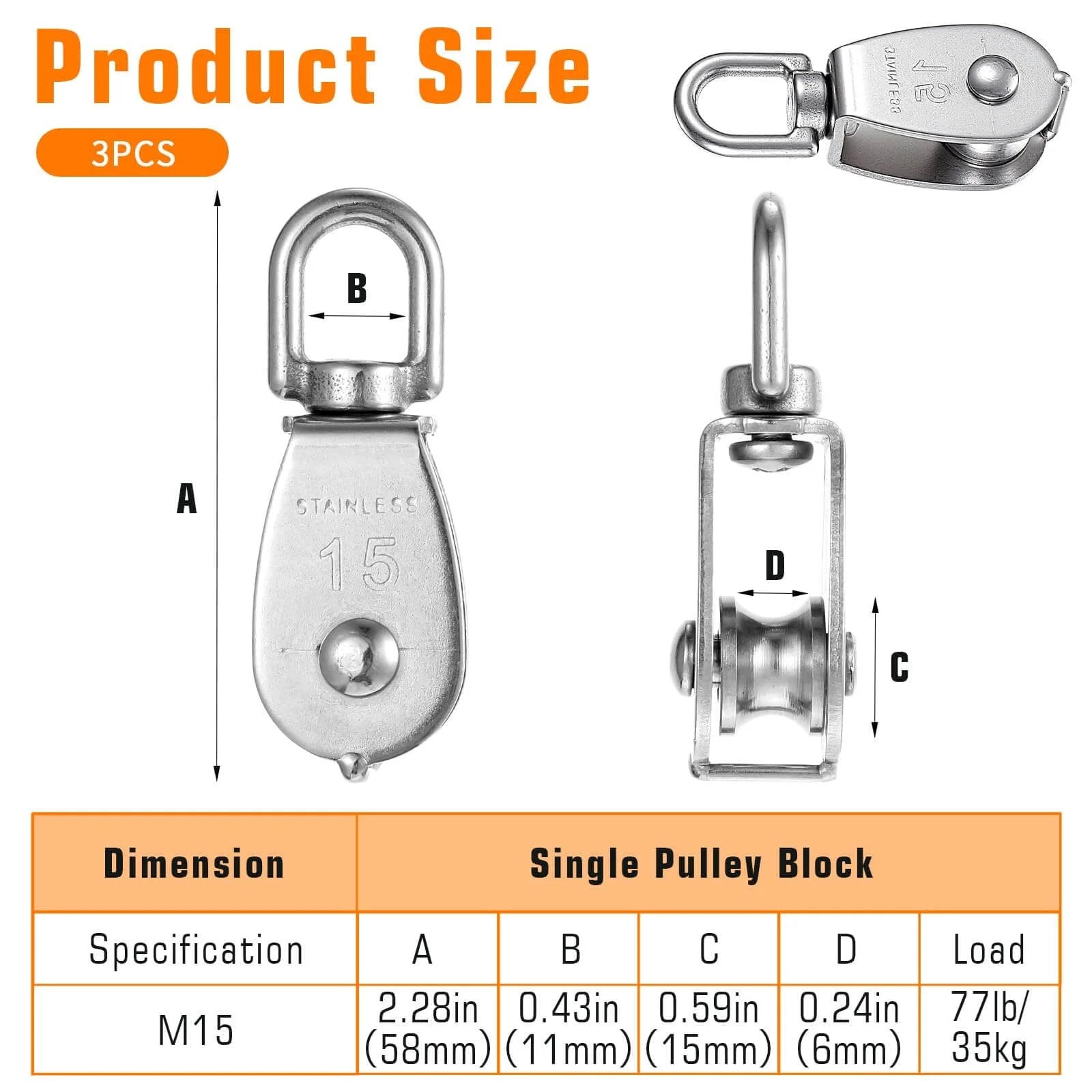 Small Pulley, 3 Pack M15 Cable Pulley, 304 Stainless Steel Pulleyblock, front and side view with dimensions