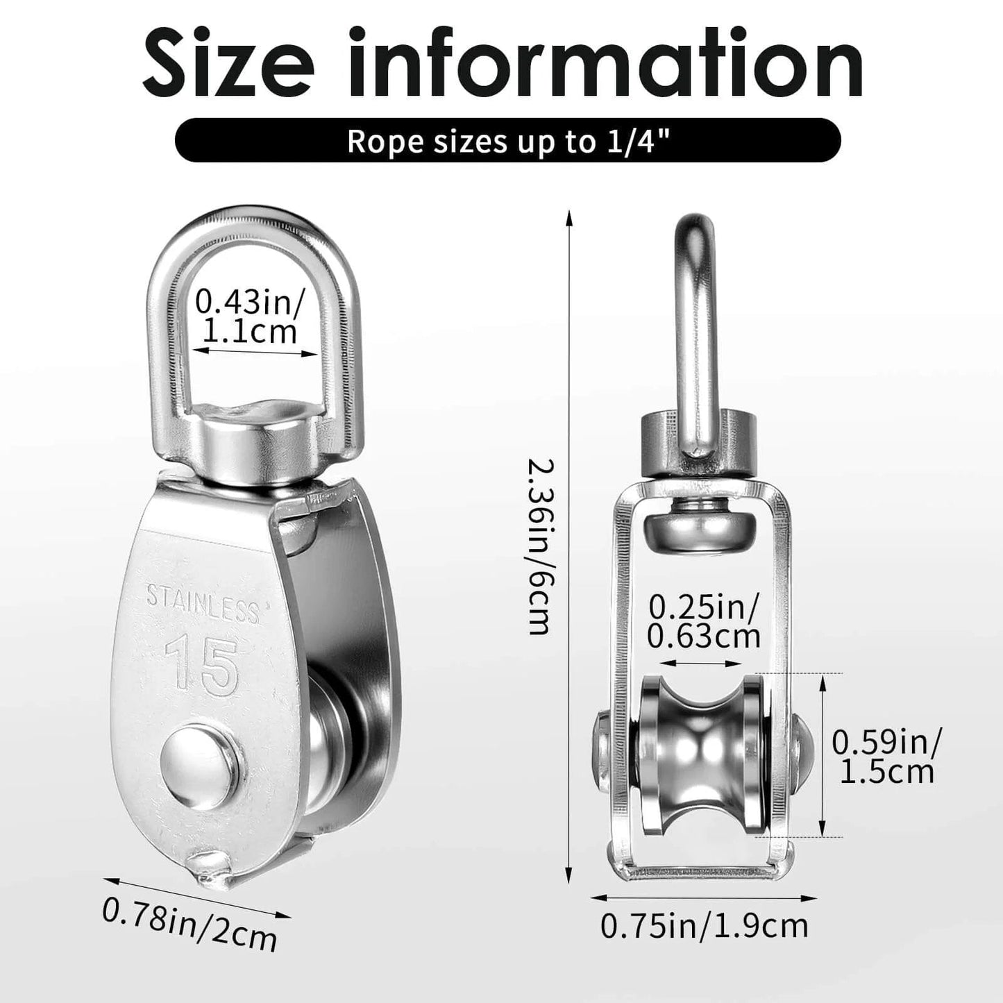 Dimensions of 12 Pack M15 Pulleys for Rope, 304 Stainless Steel Wire Rope Cable Pulley; size information for heavy duty swivel wheel.