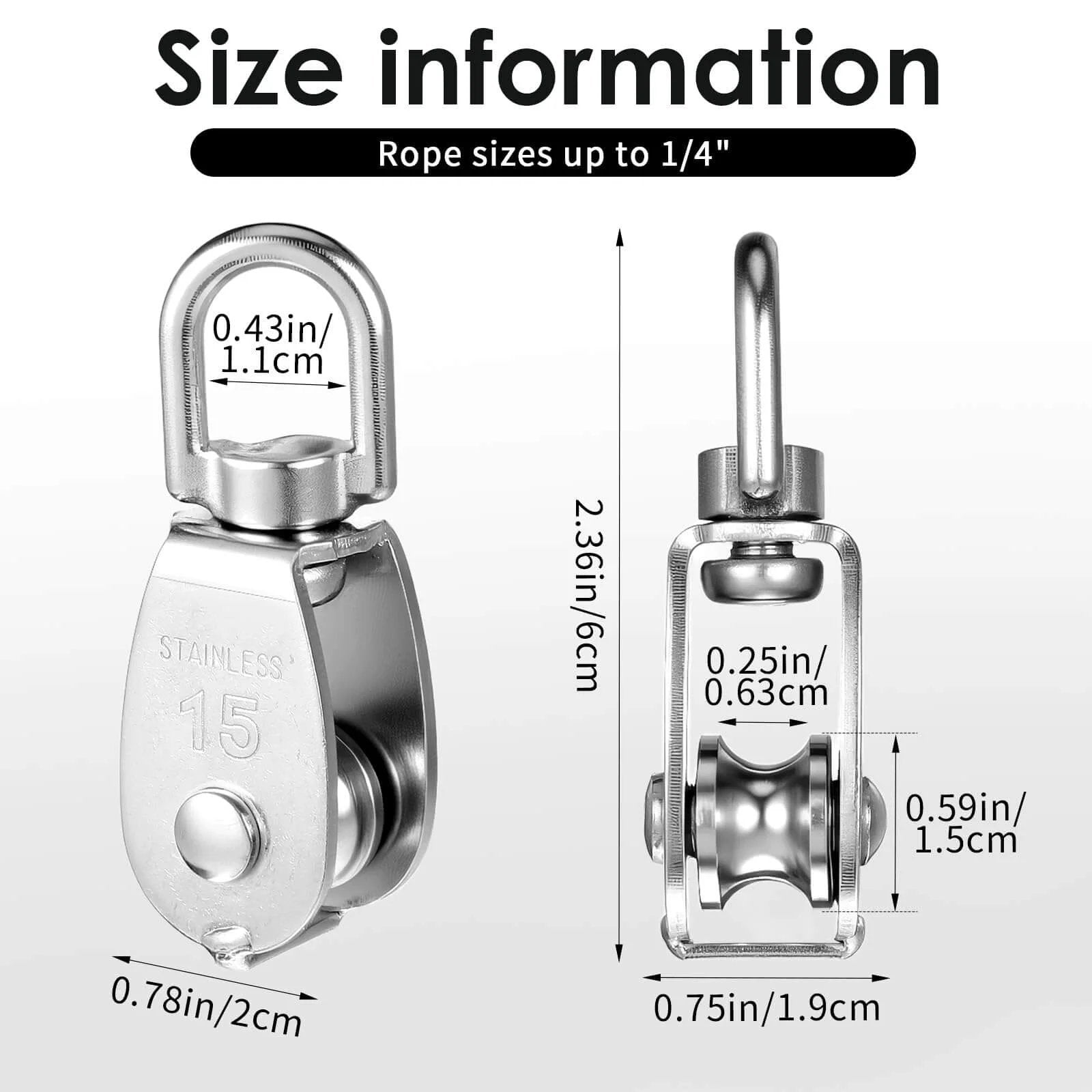 Dimensions of 12 Pack M15 Pulleys for Rope, 304 Stainless Steel Wire Rope Cable Pulley; size information for heavy duty swivel wheel.