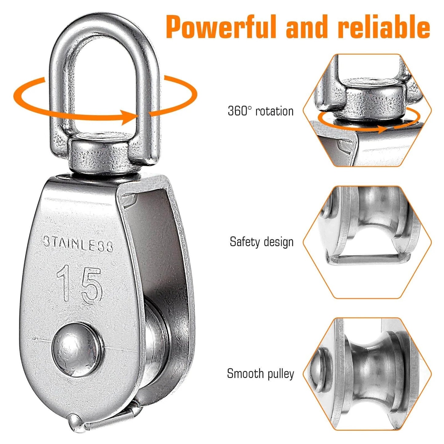 Small Pulley, 3 Pack M15 Cable Pulley showing 304 Stainless Steel Pulleyblock with 360° Swivel Hook for Gym Equipment and Lifting