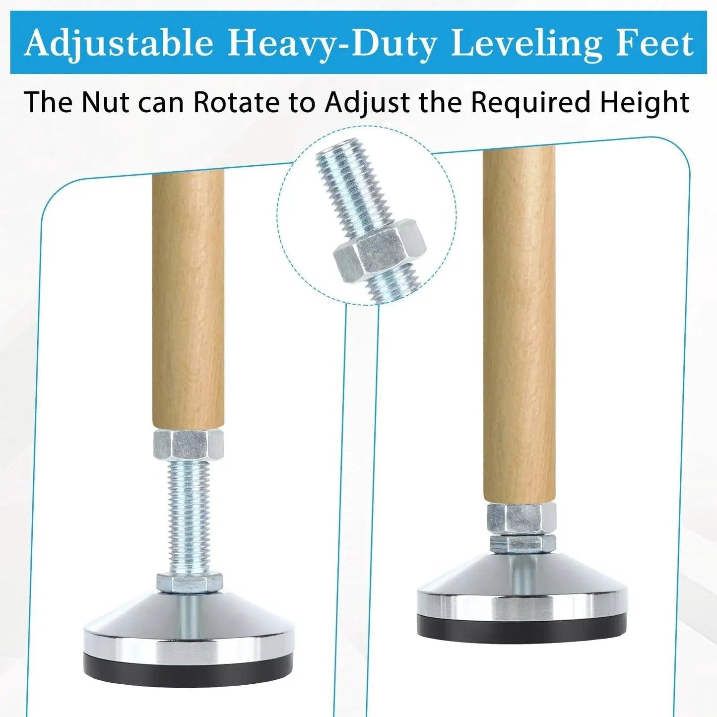 Close-up of Four Piece Heavy Duty Leveling Feet Set with M16 thread and anti-skid rubber feet, adjustable for workbenches and machines.