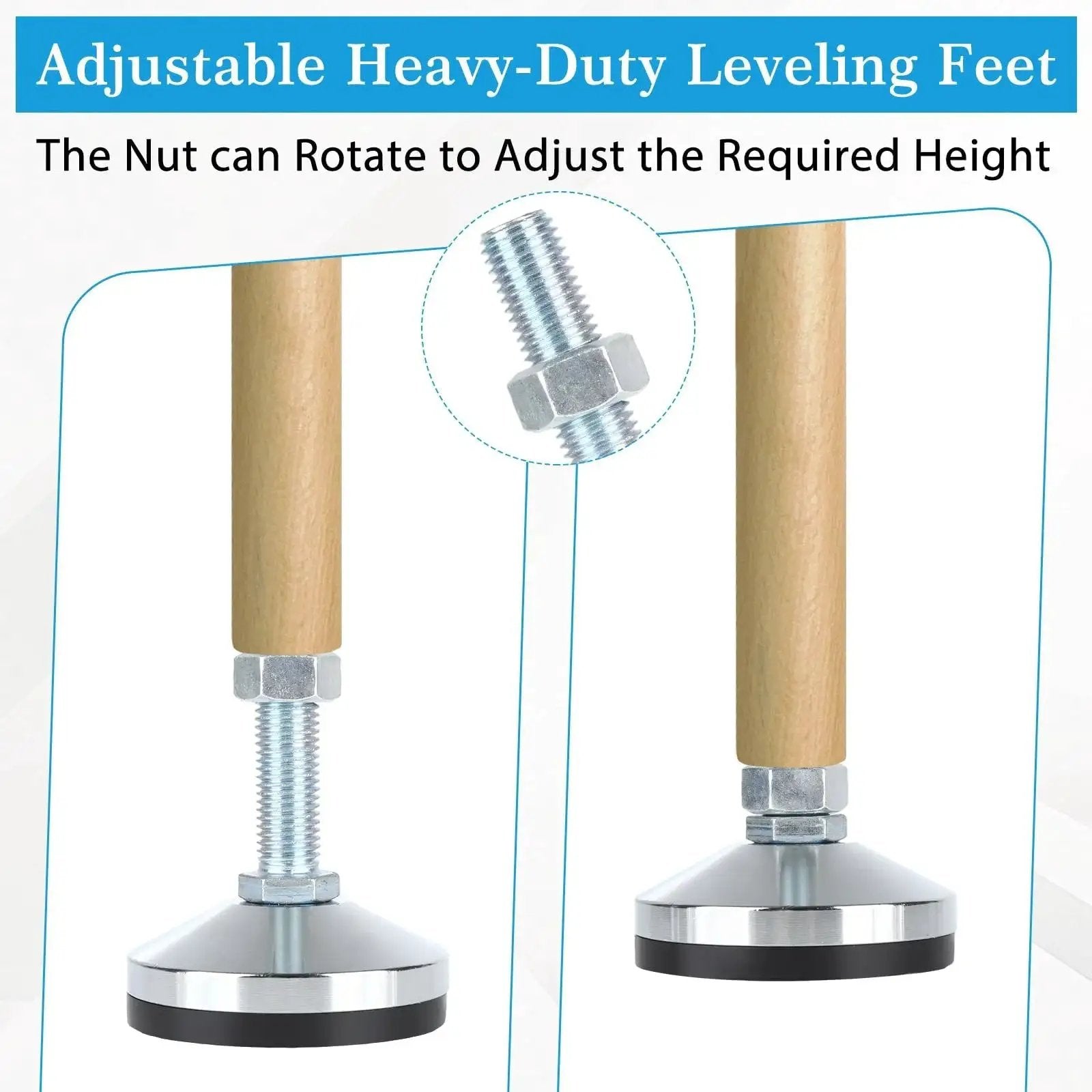 Close-up of Four Piece Heavy Duty Leveling Feet Set with M16 thread and anti-skid rubber feet, adjustable for workbenches and machines.