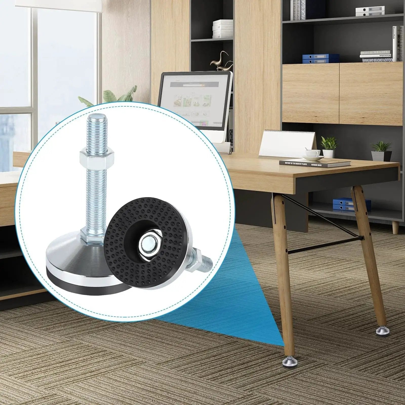 Four Piece Heavy Duty Leveling Feet Set With M16 Thread for desks and workbenches, shown installed on office furniture