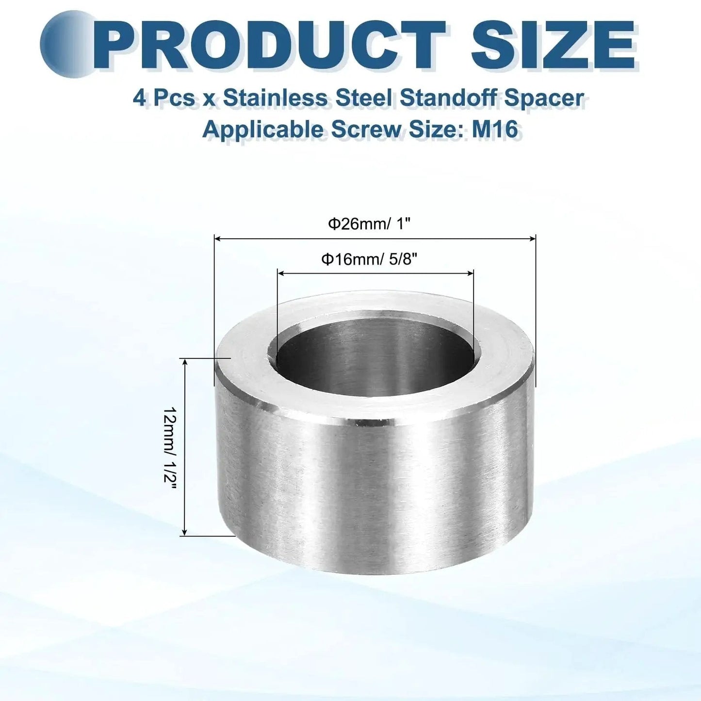 Set Of Four M16 Stainless Steel Spacers Unthreaded Round Standoff Bushings 16mm ID 26mm OD 12mm Length