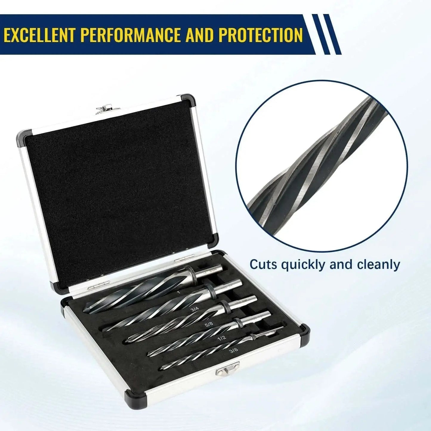 5 Piece M2 HSS Taper Chucking Reamer Set With Sizes One Inch Three Quarter Inch Five Eighth Inch Half Inch Three Eighth Inch And Shank Type Half Inch Three Flat Round For Bridge Construction Reaming Drill Bits For Steel Metal Wood Alloy Durable Heavy Duty in open case with close-up view