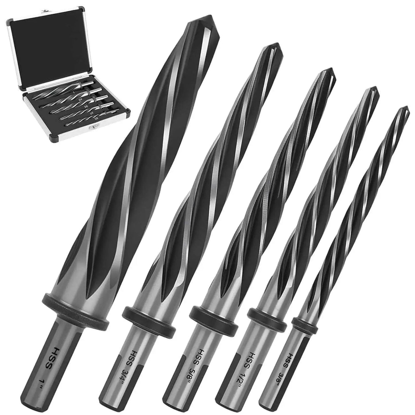 5 Piece M2 HSS Taper Chucking Reamer Set With Sizes One Inch Three Quarter Inch Five Eighth Inch Half Inch Three Eighth Inch And Shank Type Half Inch Three Flat Round For Bridge Construction Reaming Drill Bits For Steel Metal Wood Alloy Durable Heavy Duty displayed with case