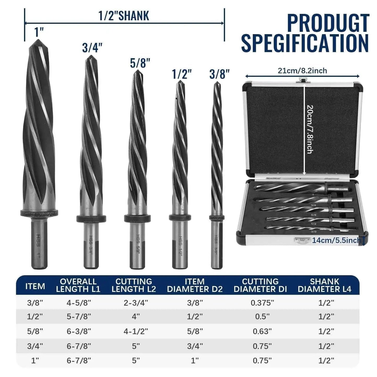 Five Piece M2 HSS Taper Chucking Reamer Set With 1, 3/4, 5/8, 1/2, And 3/8 Inch Sizes on display with specification chart