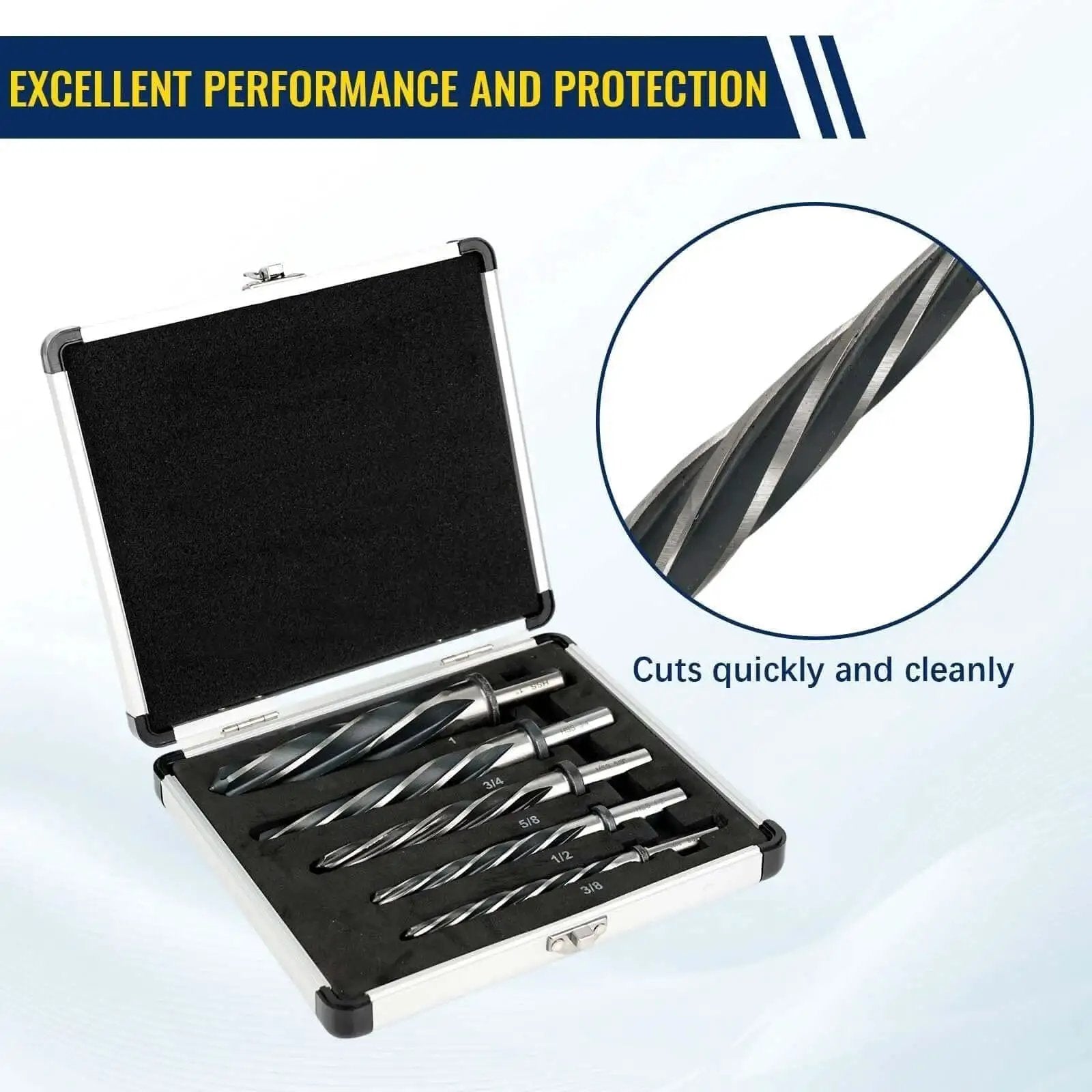 Five Piece M2 HSS Taper Chucking Reamer Set With 1, 3/4, 5/8, 1/2, And 3/8 Inch Sizes Fits 1/2 Inch 3-Flat Round Shank For Bridge And Construction Reamer Drill Bits Built For Steel Metal Wood And Alloys in a protective case.