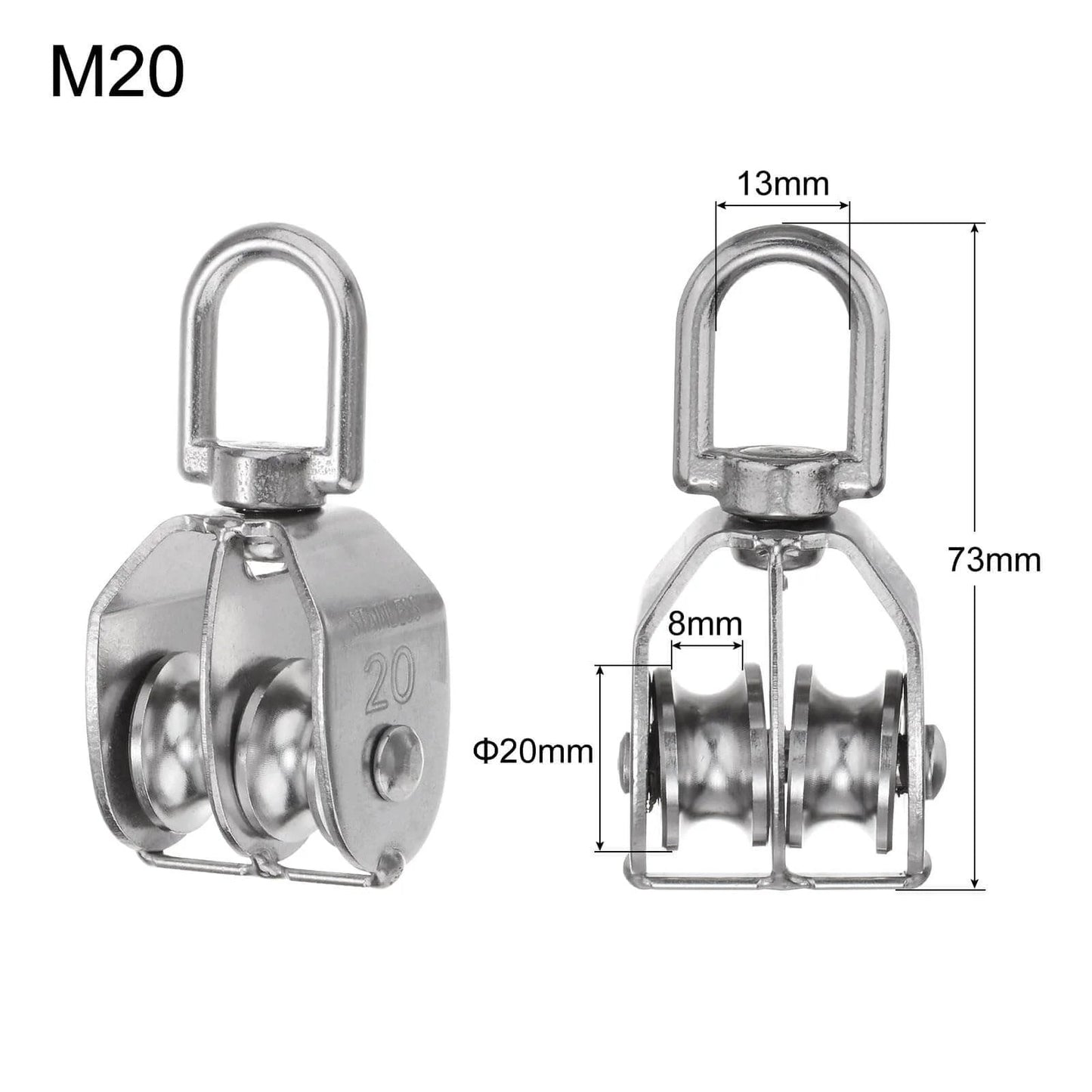 Front and side view of 6pcs M20 Double Pulley Block, Stainless Steel Swivel Rigging Lifting Wheel Fixed Pulley with dimensions