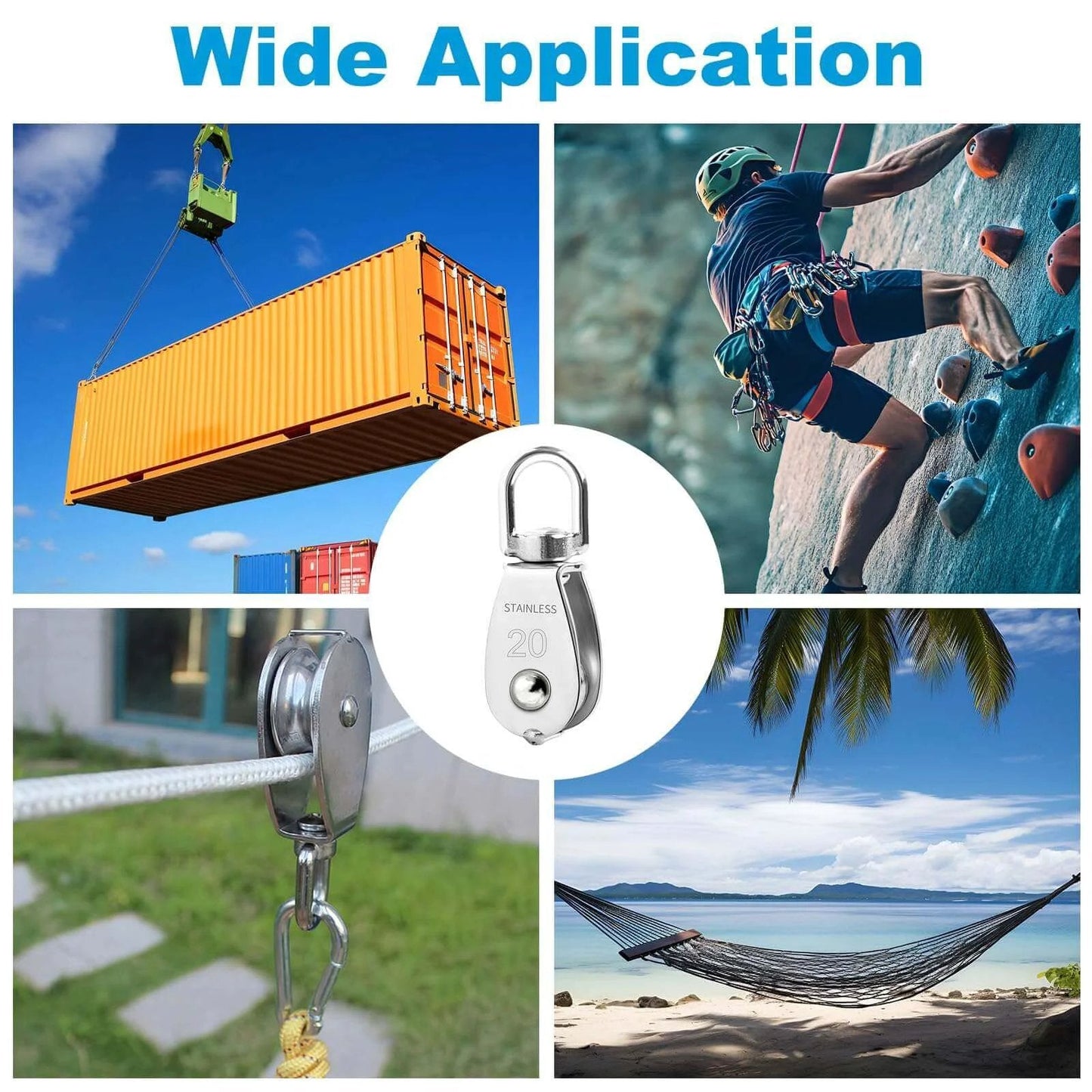 Collage with 12 Pack M20 Single Pulley Block, 304 Stainless Steel Wire Rope Cable Pulley, used in lifting, climbing, towing, and hammock setups.