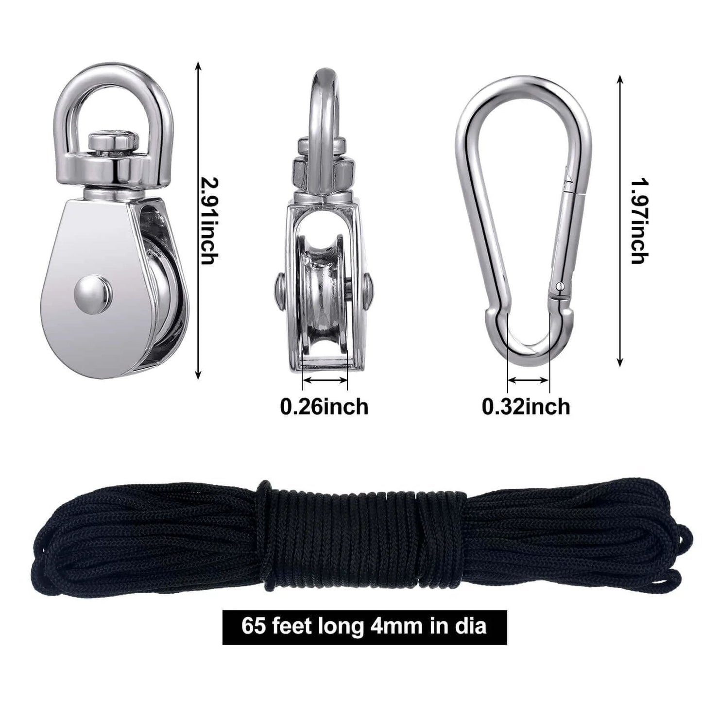 Pulley Block System Set, M20 Pulley Wheel Stainless Steel with 66ft Nylon Rope and Hooks, Swivel Lifting Wire Rope Cable Roller