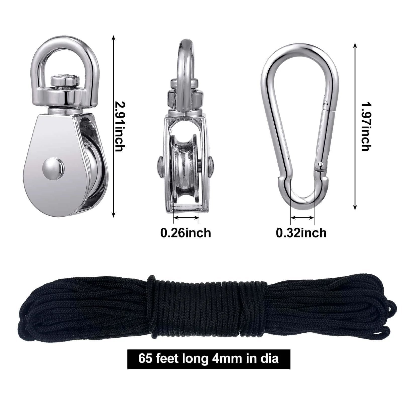 Pulley Block System Set, M20 Pulley Wheel Stainless Steel with 66ft Nylon Rope and Hooks, Swivel Lifting Wire Rope Cable Roller