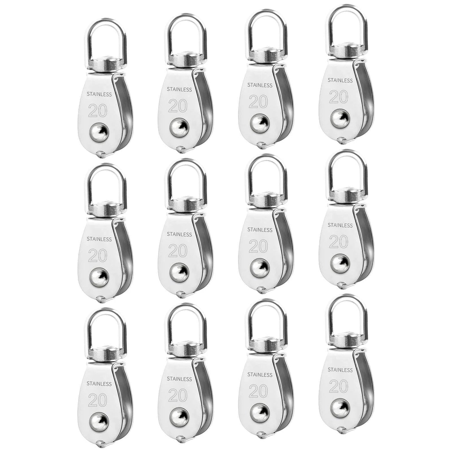 12 Pack M20 Single Pulley Block, 304 Stainless Steel Wire Rope Cable Pulley arranged in a grid pattern