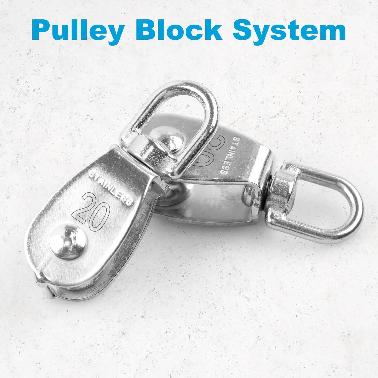 Two 12 Pack M20 Single Pulley Block, 304 Stainless Steel Wire Rope Cable Pulley, Heavy Duty Swivel Pulley Wheels on white background