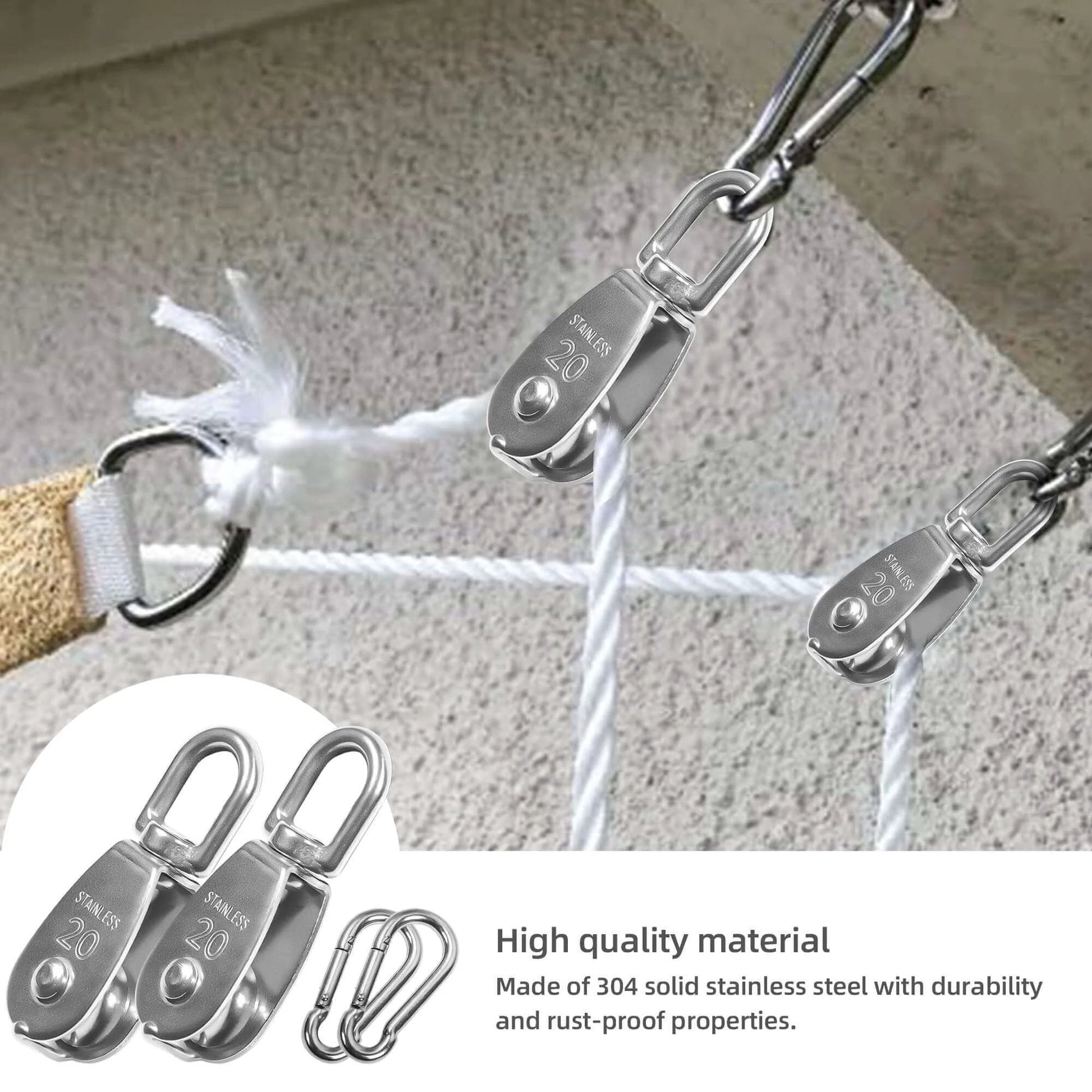 10 Pcs M20 Single Pulley Block 304 Stainless Steel M20 Pulleys for Rope with Snap Hooks installed on rope for hanging