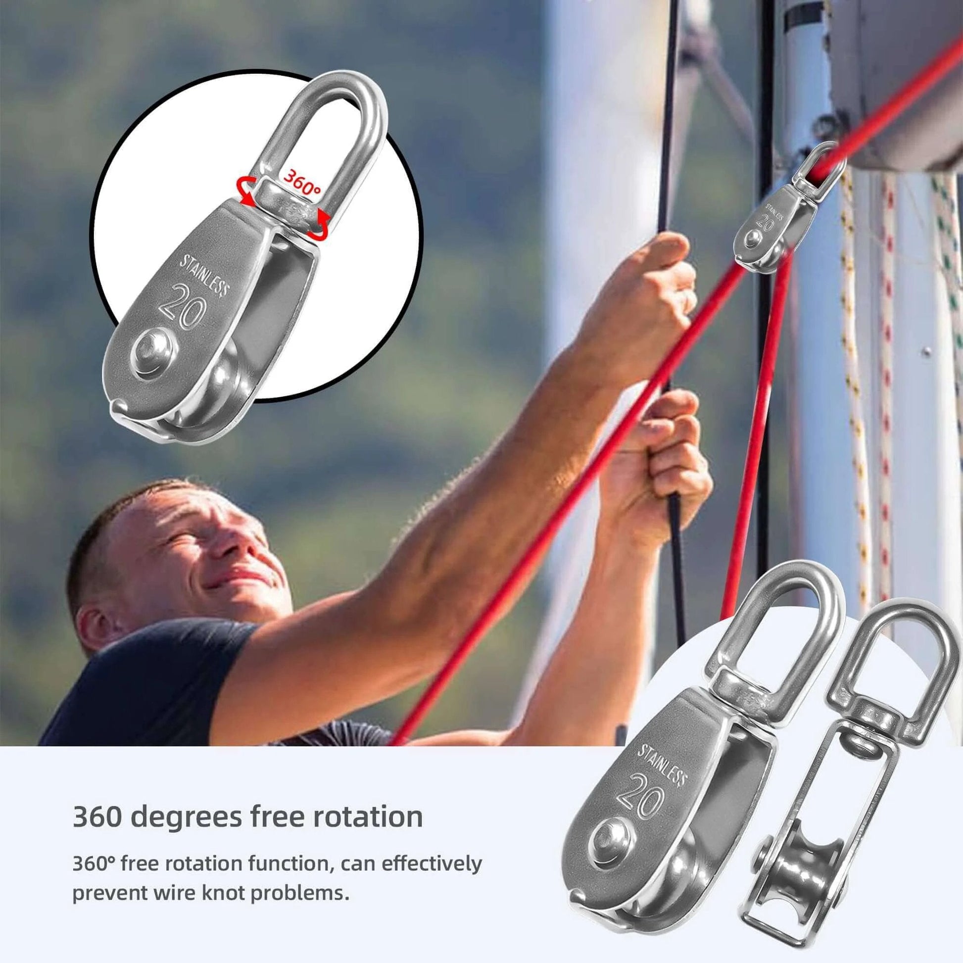 10 Pcs M20 Single Pulley Block 304 Stainless Steel M20 Pulleys for Rope, installed on sailboat mast
