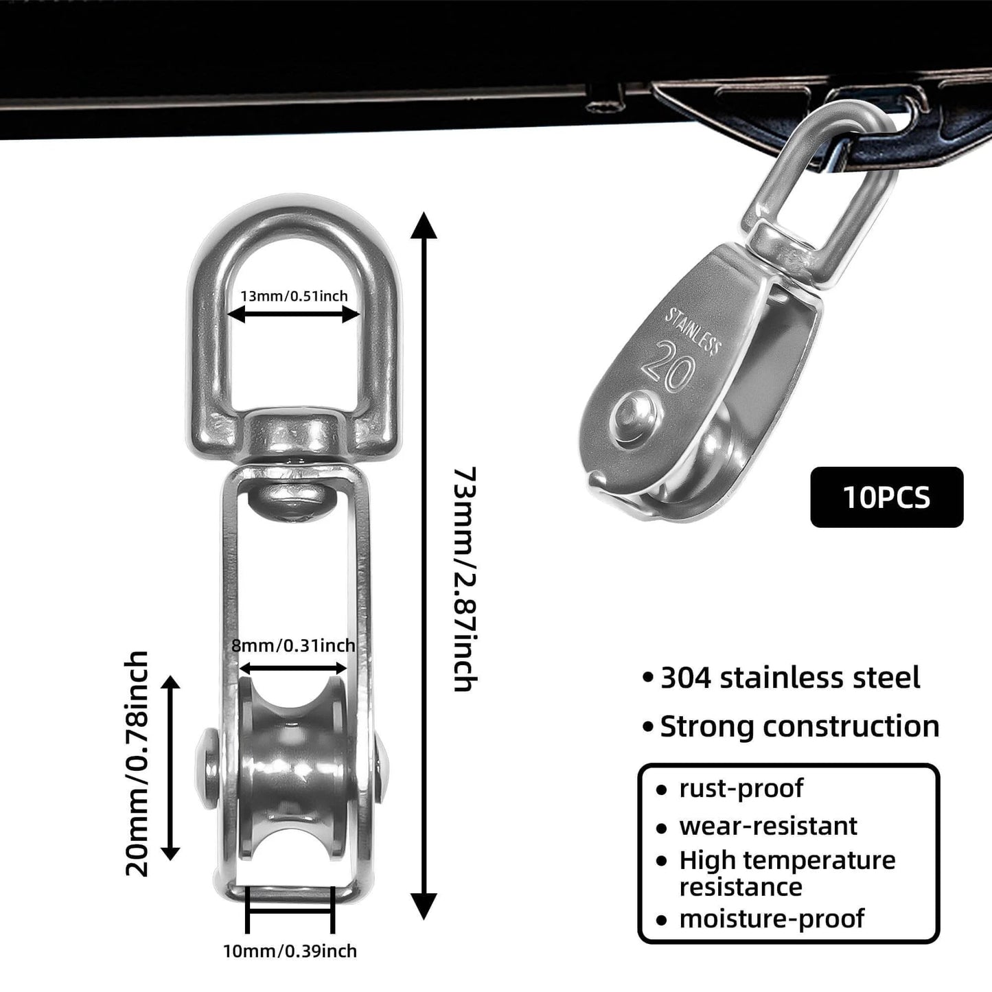 Close-up of 10 Pcs M20 Single Pulley Block 304 Stainless Steel M20 Pulleys for Rope with Snap Hook, showing measurements.