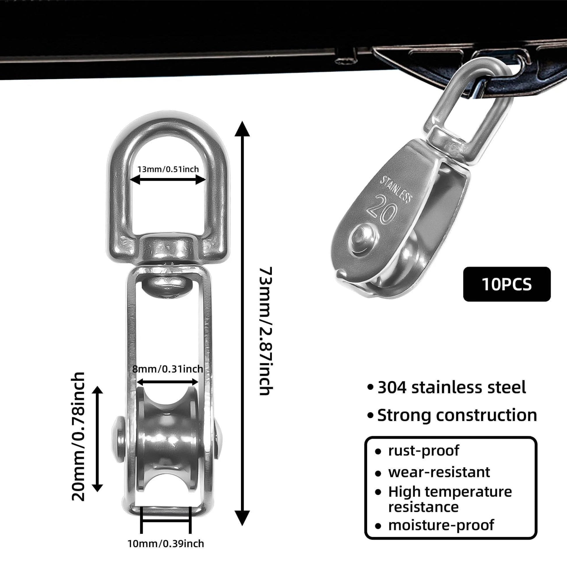 Close-up of 10 Pcs M20 Single Pulley Block 304 Stainless Steel M20 Pulleys for Rope with Snap Hook, showing measurements.