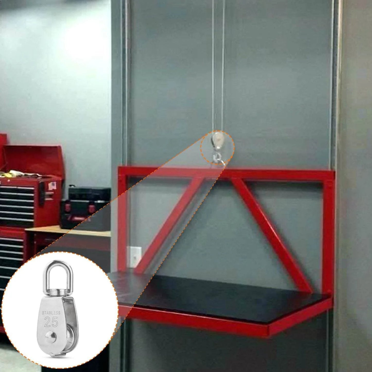 M25 Single Pulley Block Loading 550lbs, CBTONE 10 Pack 304 Stainless Steel Wire Rope in a lifting setup