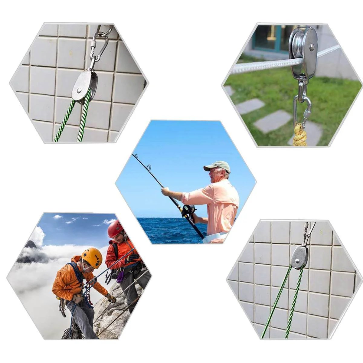 M25 Single Pulley Block Loading 550lbs shown in various applications and environments, featuring 304 stainless steel construction.