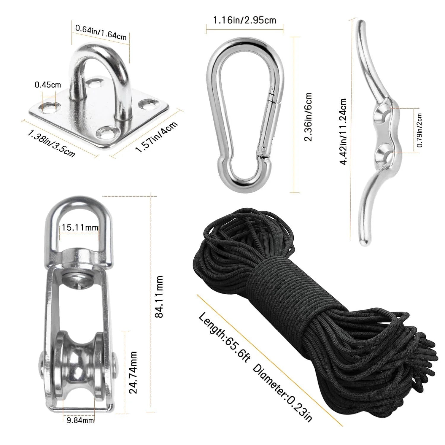 M25 Stainless Steel Pulley System Kit showing pulley wheel, nylon rope, hooks, eye pad plate, and rope cleat with measurements