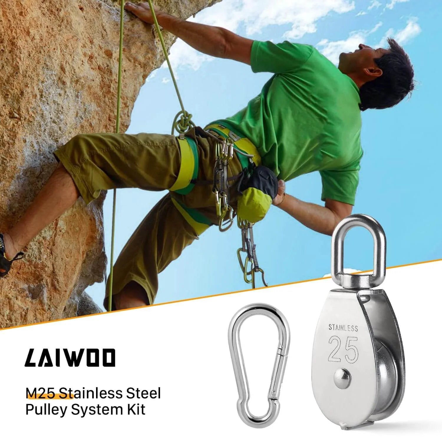 Climber using M25 Stainless Steel Pulley System Kit on rock wall, focus on heavy-duty pulley wheel and hook in foreground
