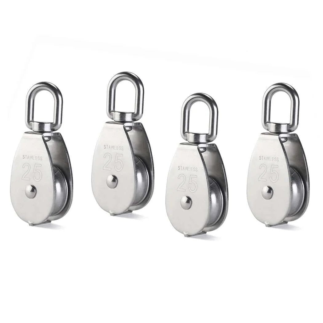4Pcs M25 Stainless Steel Wire Rope Crane Double Pulley Block Lifting Crane Swivel Hook Single Pulley Block Hanging Wire Towing Wheel