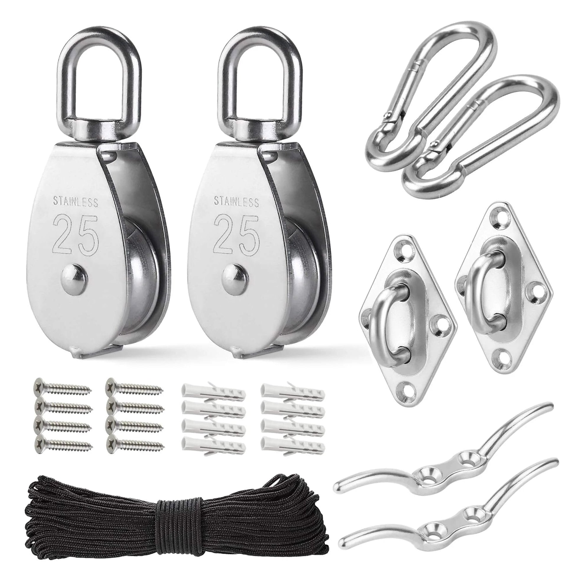 M25 Stainless Steel Pulley System Kit-Heavy-Duty Pulley Wheel, Pulley Block with Nylon Rope, Hooks, Eye Pad Plate, and Rope Cleat