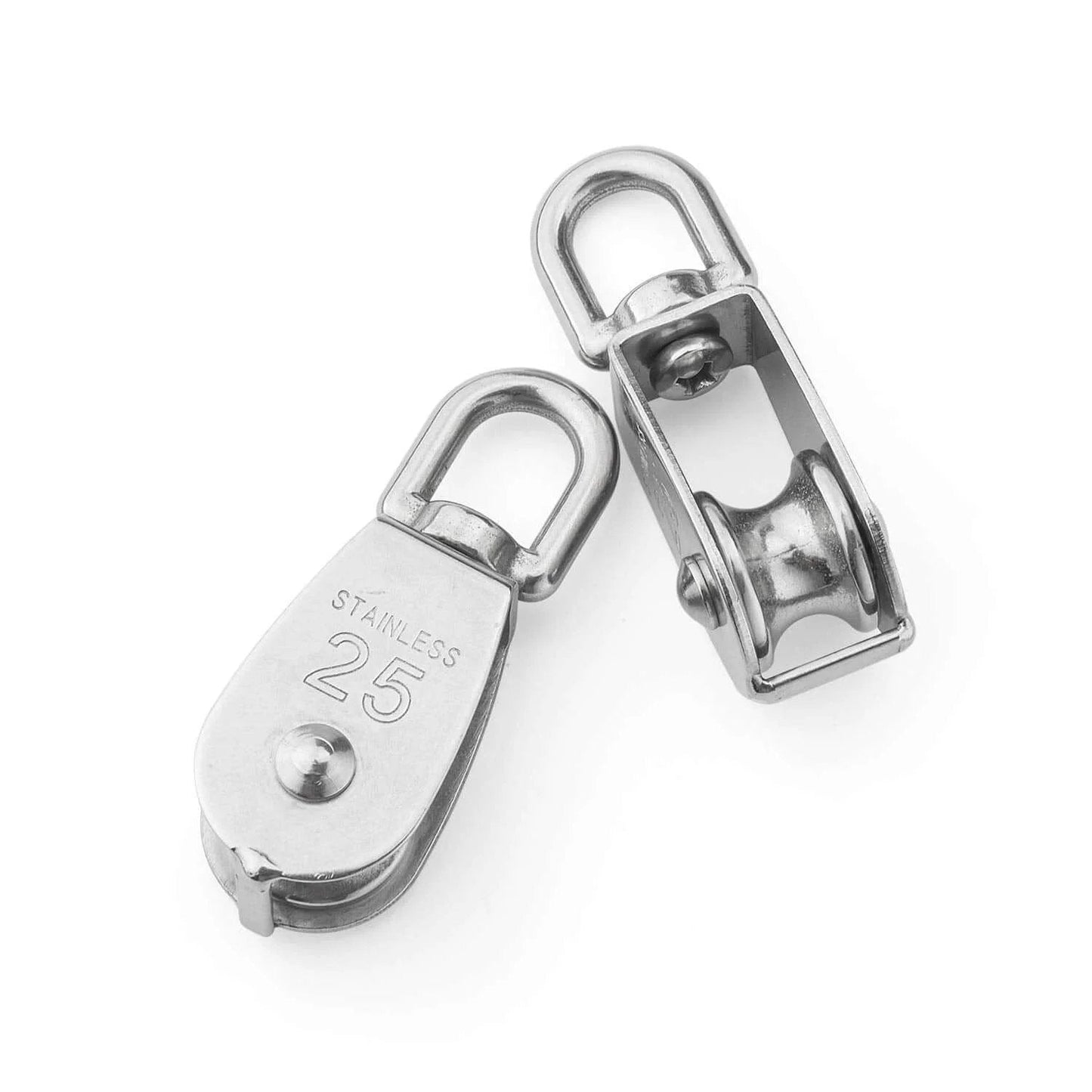 M25 Single Pulley Block Loading 550lbs, CBTONE 10 Pack 304 Stainless Steel Wire Rope Single Roller 25mm Lifting Crane Swivel Hook front view