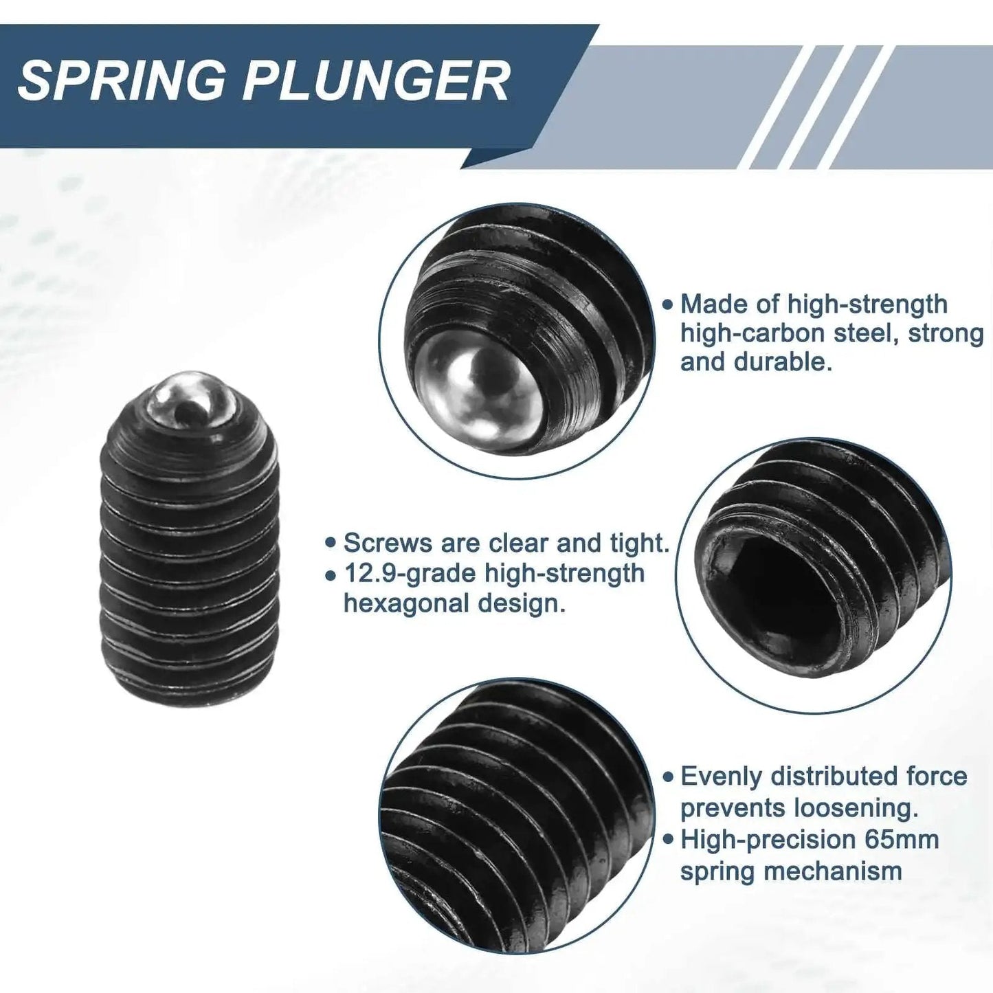 Five Pack M3 Thread Ball Plungers With Hex Socket, Five Millimeter Length, Ball Plunger Diameter 1.5 Millimeters, High Carbon Steel