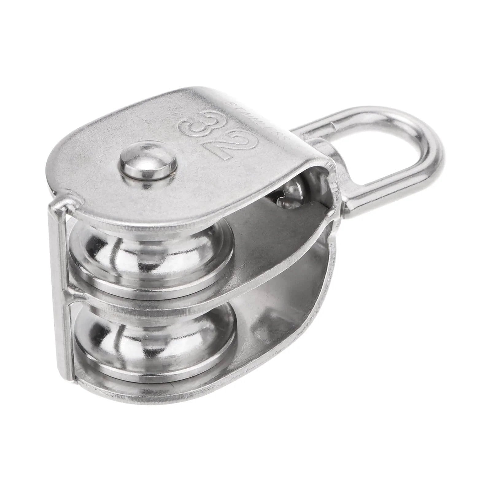 M32 Double Pulley Block, Stainless Steel Swivel Rigging Lifting Wheel, side view showing double sheave and swivel ring.