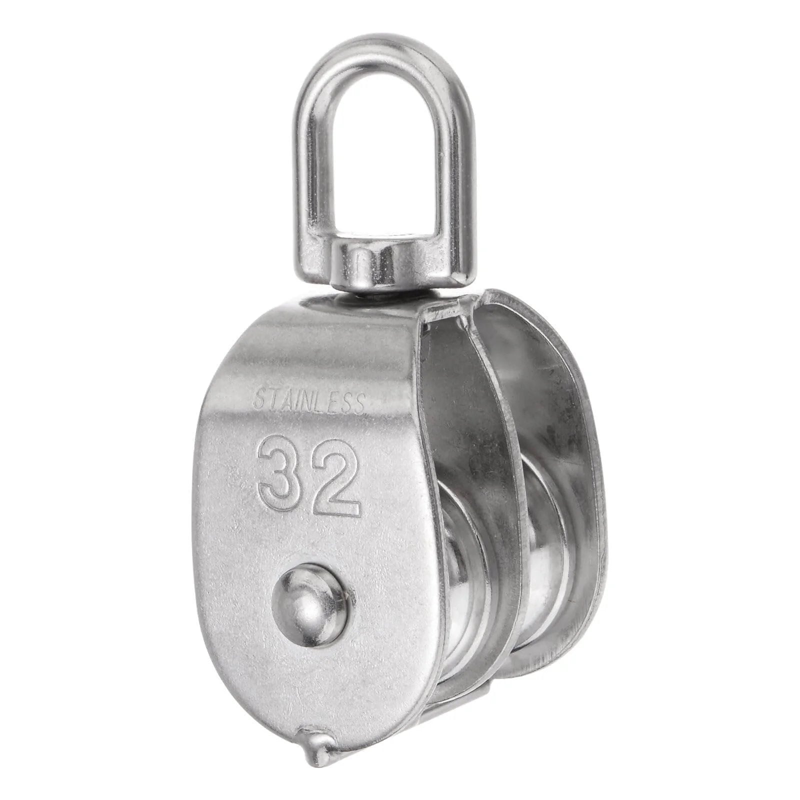 Front view of M32 Double Pulley Block, Stainless Steel Swivel Rigging Lifting Wheel Fixed Pulley with double sheave.