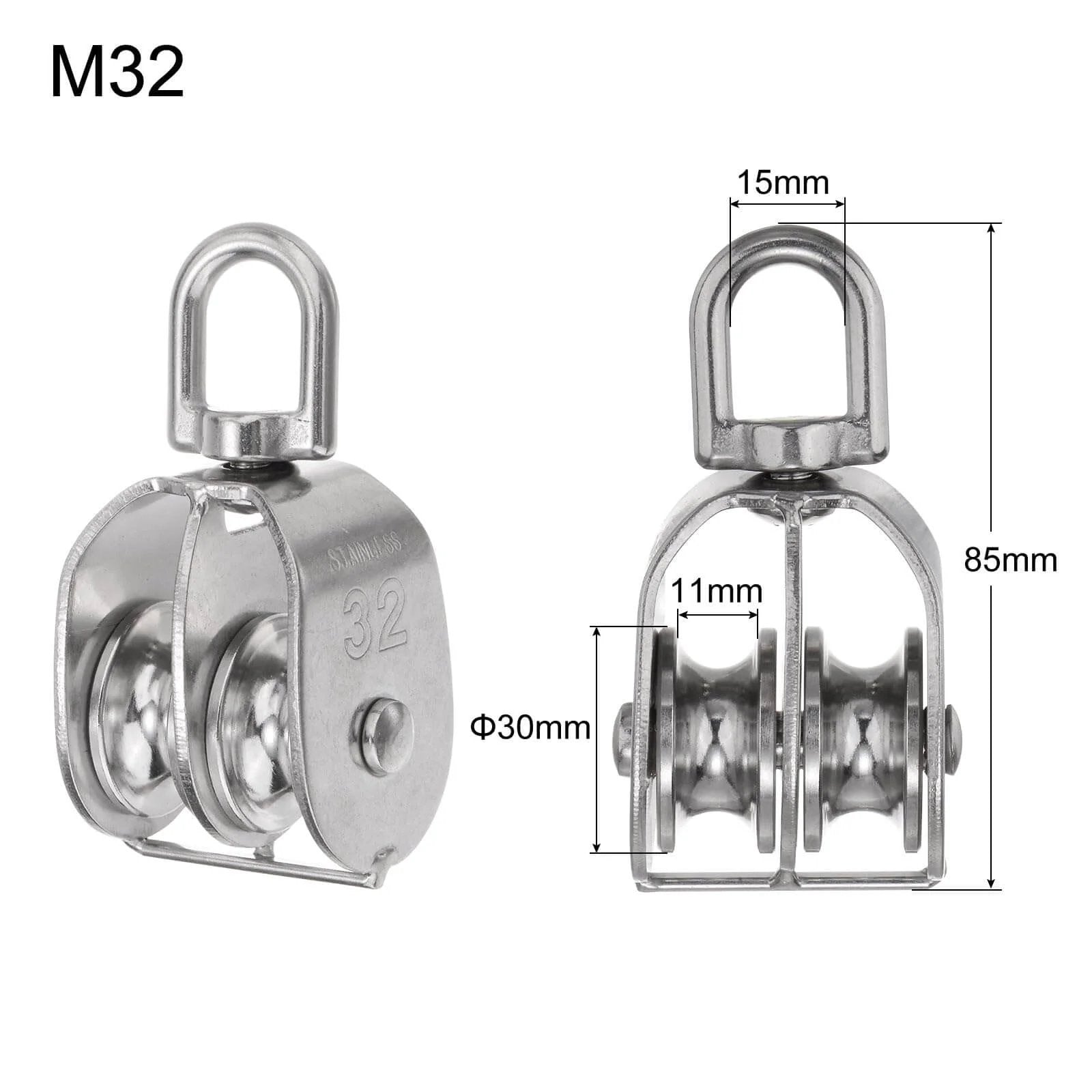 M32 Double Pulley Block, Stainless Steel Swivel Rigging Lifting Wheel, dimensions shown, two steel sheaves, 360° swivel