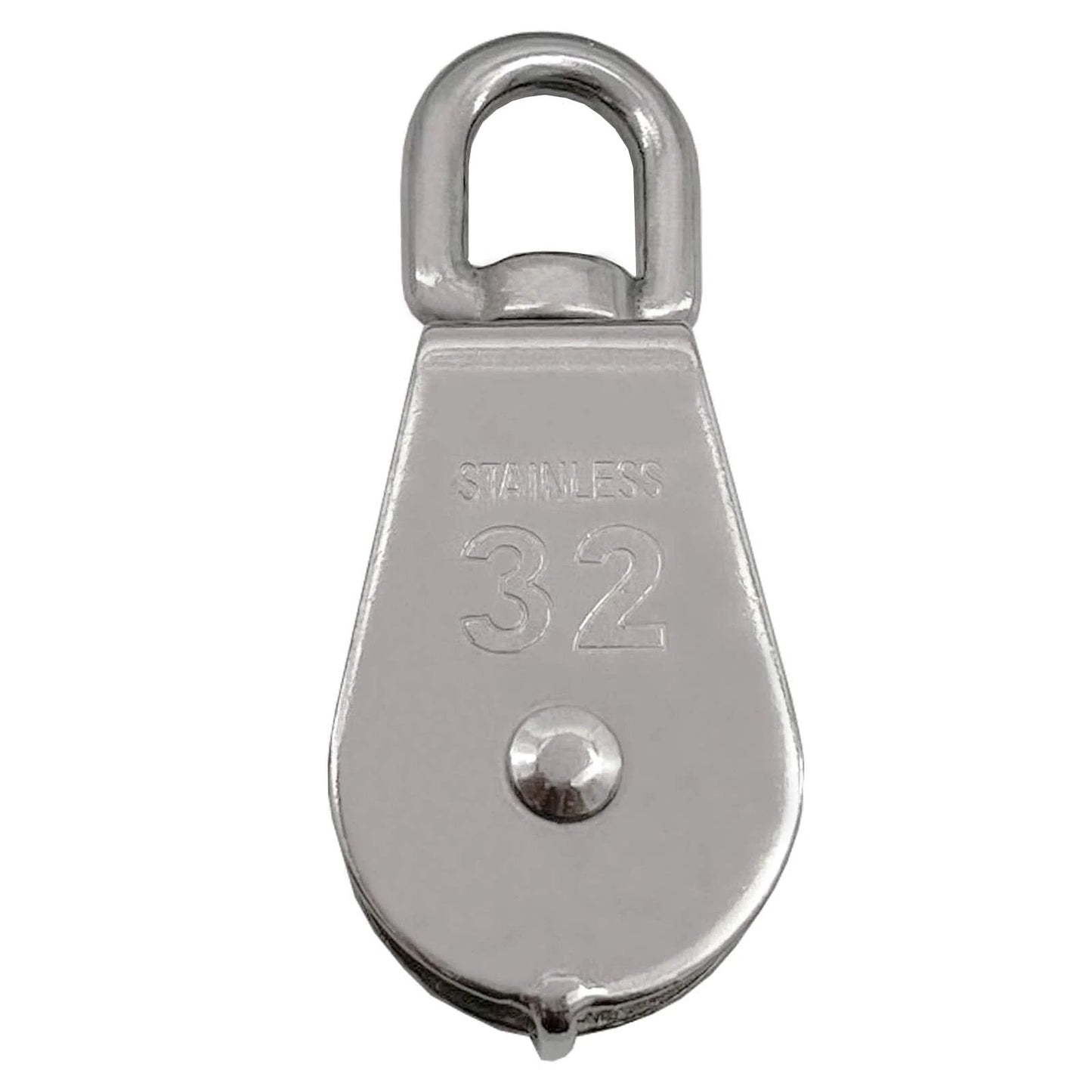 Front view of 2Pcs M32 Single Pulley Block, 304 Stainless Steel Wire Rope Hanging Wire Towing Wheel Loading 551Ibs with engraved markings.