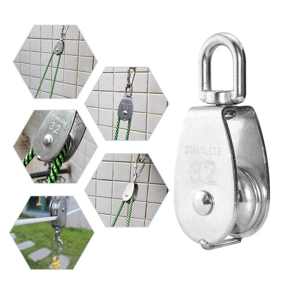 4Pcs M32 Single Pulley Block, Creatiee-Pro Heavy Duty 304 Stainless Steel Pulley Roller Crane Swivel Hook, close-up and installed views