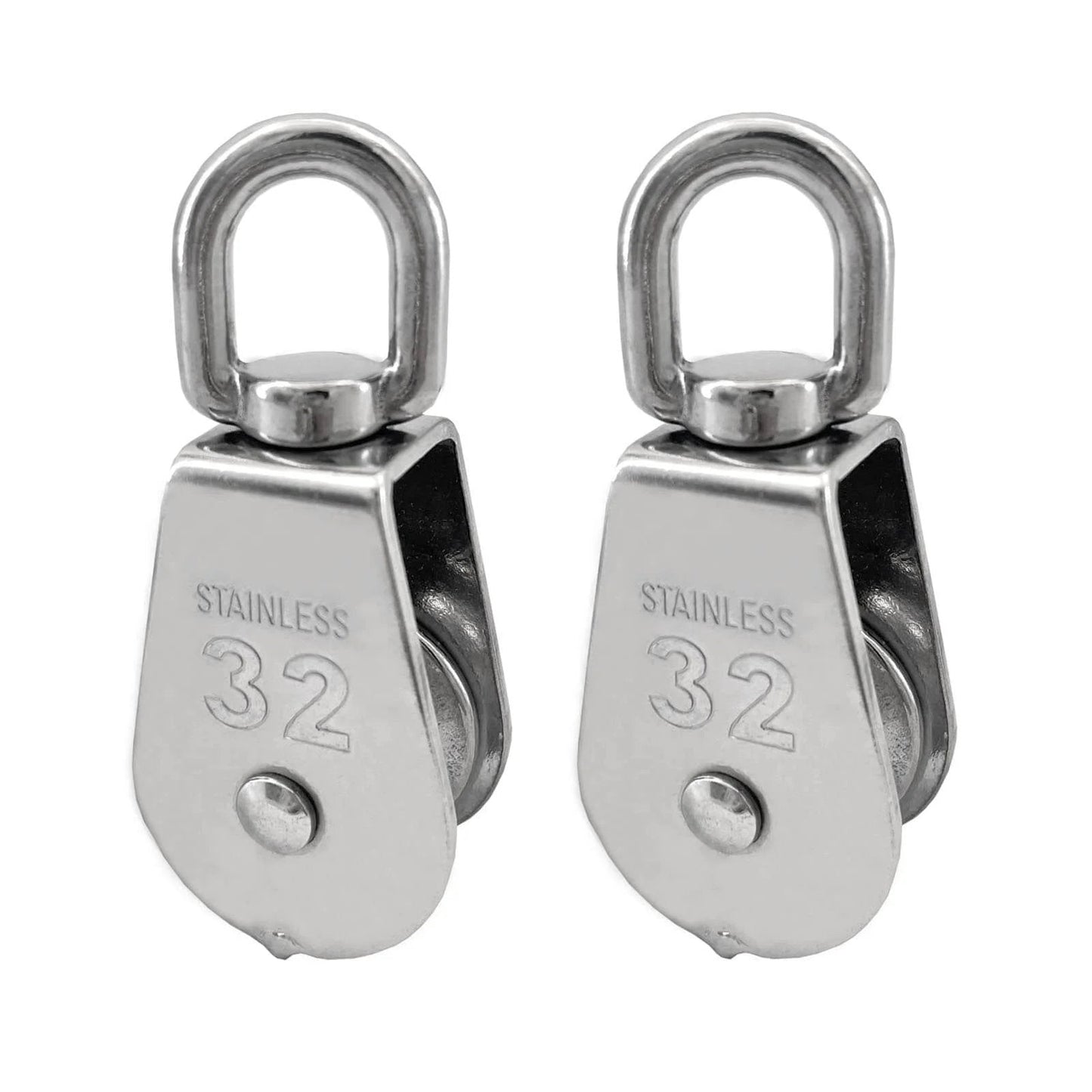 2Pcs M32 Single Pulley Block,304 Stainless Steel Wire Rope Hanging Wire Towing Wheel Loading 551Ibs, front view